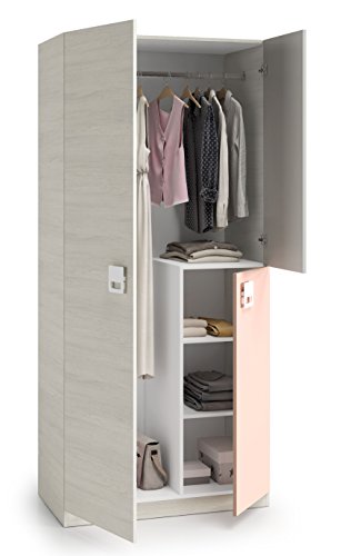 Armario ropero juvenil infantil 3 puertas, barra interior y 3 estantes color blanco, gris y rosa pastel de dormitorio (medida: 90cm ancho x 200cm altura x 52cm fondo)