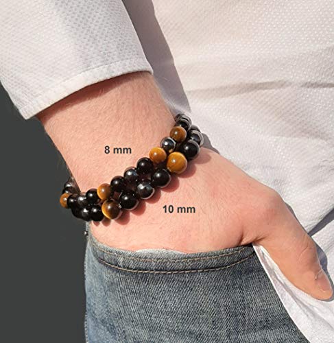 ARMONY PARIS Pulsera Protección, Marca Francesa, Piedra Natural, Litoterapia, Ojo de Tigre Hematita Obsidiana Negra, Perla de 10 mm o 8 mm Pulsera Hombre Mujer, Joyas Mujer Pulsera Amuleto