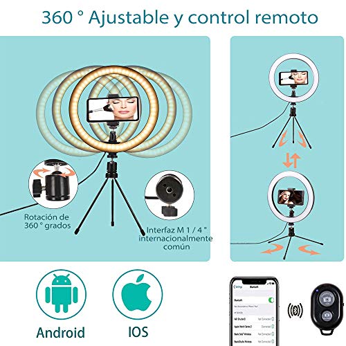 Aro de Luz LED Anillo de Luz Regulable 10" para Fotografía Ring Light con Trípode y Soporte para Movíl 120 Bulbs Dimmable for Youtube Video/Live Stream/Makeup/Photography (10‘’)