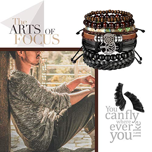 Aroncent Pulsera de Cuero Cuentas de Madera Colgante de Árbol de Vida/Sol/Cráneo Brazalete Ajustable de Buena Suerte Joyería Multicapa para Hombre Mujer Pareja, 2PCS
