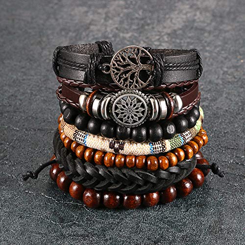 Aroncent Pulsera de Cuero Cuentas de Madera Colgante de Árbol de Vida/Sol/Cráneo Brazalete Ajustable de Buena Suerte Joyería Multicapa para Hombre Mujer Pareja, 2PCS