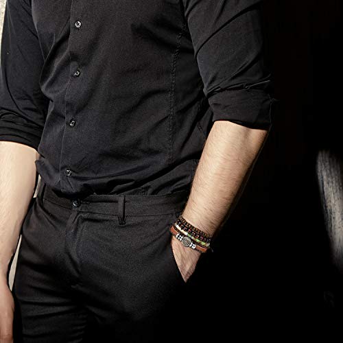 Aroncent Pulsera de Cuero Cuentas de Madera Colgante de Árbol de Vida/Sol/Cráneo Brazalete Ajustable de Buena Suerte Joyería Multicapa para Hombre Mujer Pareja, 2PCS