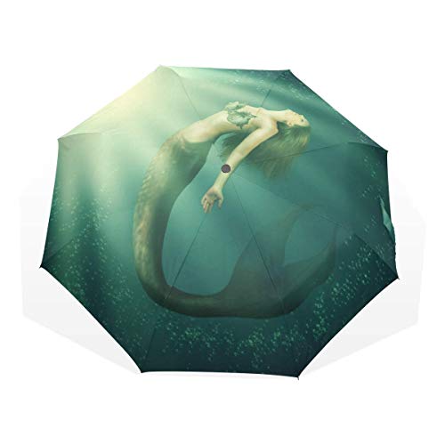 Art Ocean Fantasy Sirena misteriosa Fácil de Llevar Paraguas Bloqueador Solar Sombrilla Especial a Prueba de Viento Compacto