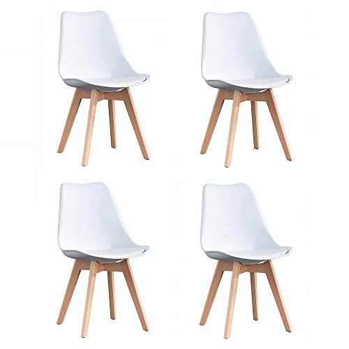 ArtDesign FR Tulip sillas de Comedor Moderno, Juego de 4, Asiento Acolchado Suave, Patas de Madera Maciza de Haya Natural, Respaldo de Forma ergonómica (Tulipán-Blanco)