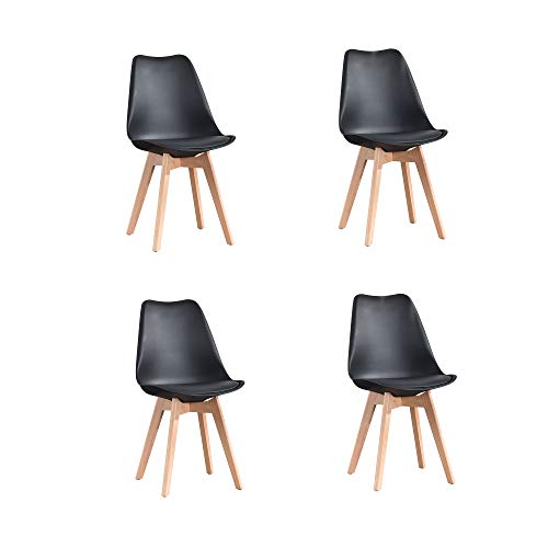 ArtDesign FR Tulip sillas de Comedor Moderno, Juego de 4, Asiento Acolchado Suave, Patas de Madera Maciza de Haya Natural, Respaldo de Forma ergonómica,Negro