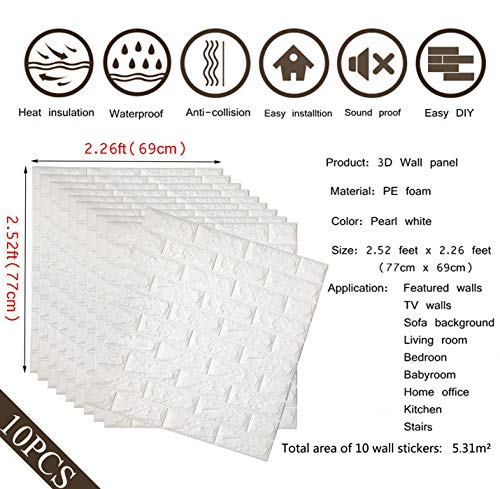 Arthome Papel Pintado 3D Ladrillo, 77cm x 69cm Autoadhesivo Grueso Impermeable Pegatina de Pared Espuma 3d, Paneles Decorativos 3D Piedra para Cuarto de Baño, Sala de Estar y Cocina (10 Pcs)