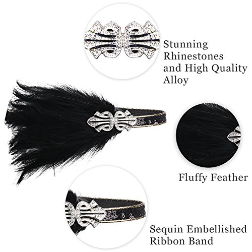 ArtiDeco 1920 Diadema de Pluma Cinta para el Pelo con Cristal Vintage Años 20 Flapper Pelo Banda de Pluma con Lentejuelas Disfraz Gatsby Accesorio