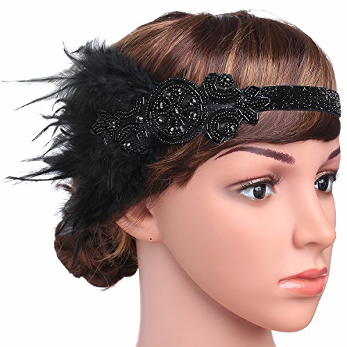 ArtiDeco 1920 Diadema de Pluma con Cuentas Cinta para el Pelo con Cristal Vintage Años 20 Flapper Pelo Banda de Pluma Disfraz Gatsby Accesorio