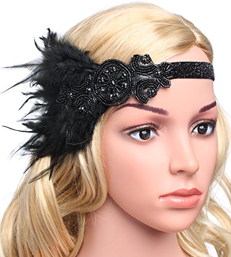 ArtiDeco 1920 Diadema de Pluma con Cuentas Cinta para el Pelo con Cristal Vintage Años 20 Flapper Pelo Banda de Pluma Disfraz Gatsby Accesorio