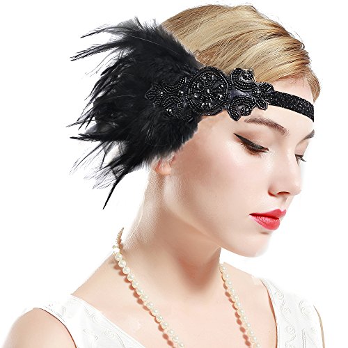ArtiDeco 1920 Diadema de Pluma con Cuentas Cinta para el Pelo con Cristal Vintage Años 20 Flapper Pelo Banda de Pluma Disfraz Gatsby Accesorio