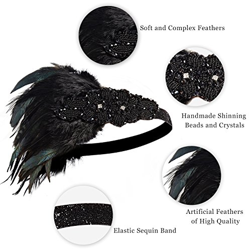 ArtiDeco 1920 Diadema de Pluma con Cuentas Cinta para el Pelo con Cristal Vintage Años 20 Flapper Pelo Banda de Pluma Disfraz Gatsby Accesorio