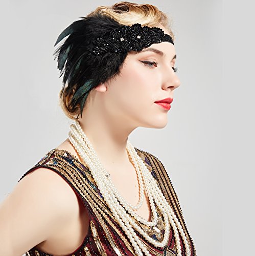 ArtiDeco 1920 Diadema de Pluma con Cuentas Cinta para el Pelo con Cristal Vintage Años 20 Flapper Pelo Banda de Pluma Disfraz Gatsby Accesorio