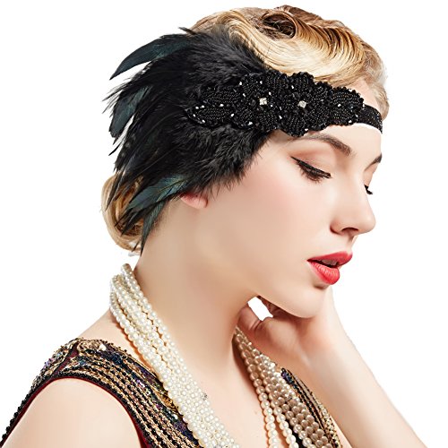 ArtiDeco 1920 Diadema de Pluma con Cuentas Cinta para el Pelo con Cristal Vintage Años 20 Flapper Pelo Banda de Pluma Disfraz Gatsby Accesorio