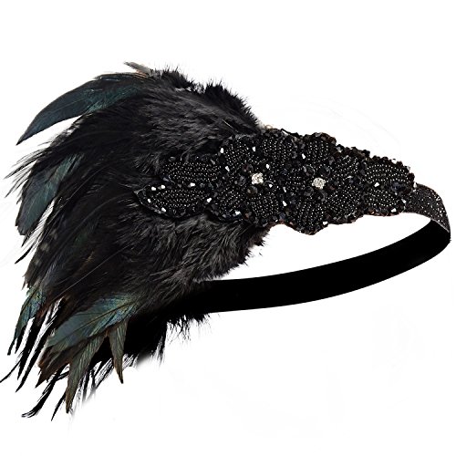 ArtiDeco 1920 Diadema de Pluma con Cuentas Cinta para el Pelo con Cristal Vintage Años 20 Flapper Pelo Banda de Pluma Disfraz Gatsby Accesorio