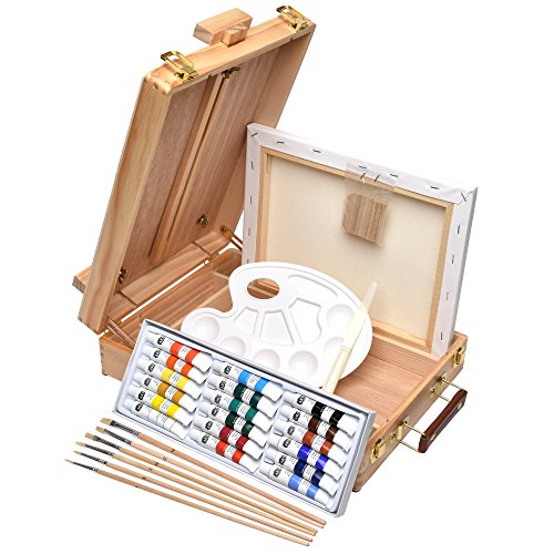 Artina Florenz set de pintura de 28 piezas caballete maletín de mesa para profis y aficionados 18 colores acrílicos, lienzo, 6 pinceles y paleta