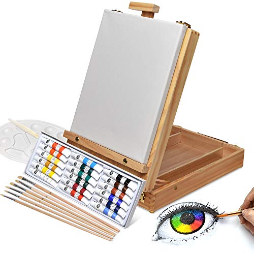 Artina Florenz set de pintura de 28 piezas caballete maletín de mesa para profis y aficionados 18 colores acrílicos, lienzo, 6 pinceles y paleta