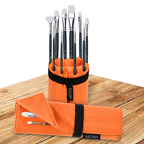 Artina Set de Pinceles de Pintura Eindhoven. 11 piezas Naranja. Rodillo soporte de nailon. Para acrílicos y más. 10 pinceles y el rodillo/soporte