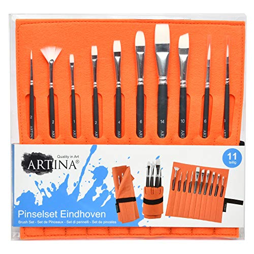 Artina Set de Pinceles de Pintura Eindhoven. 11 piezas Naranja. Rodillo soporte de nailon. Para acrílicos y más. 10 pinceles y el rodillo/soporte