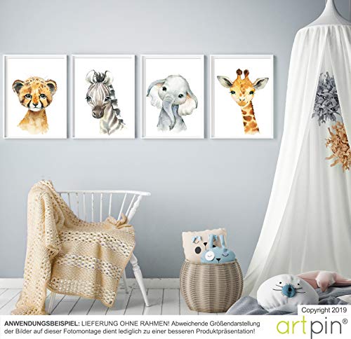artpin® - Juego de 4 imágenes para habitación de los niños y niñas, DIN A4, pósteres de animales de safari africana, retrato, elefante, tigre, jirafa, cebra (P35)