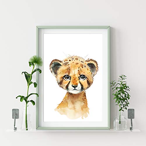 artpin® - Juego de 4 imágenes para habitación de los niños y niñas, DIN A4, pósteres de animales de safari africana, retrato, elefante, tigre, jirafa, cebra (P35)
