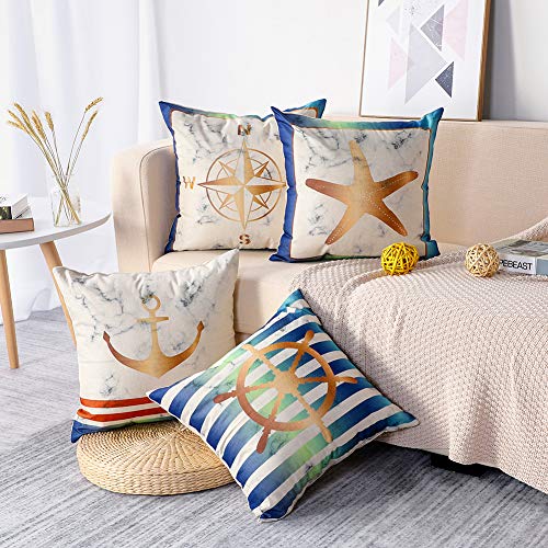 Artscope Funda de Cojín 45x45cm Set de 4,Funda de Almohada para Cojín Cuadrado Algodón Lino Decoración para Sofá Cama Hogar (Tema náutico mármol)