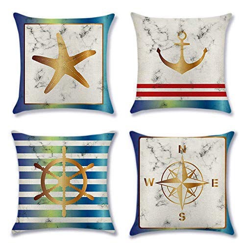 Artscope Funda de Cojín 45x45cm Set de 4,Funda de Almohada para Cojín Cuadrado Algodón Lino Decoración para Sofá Cama Hogar (Tema náutico mármol)