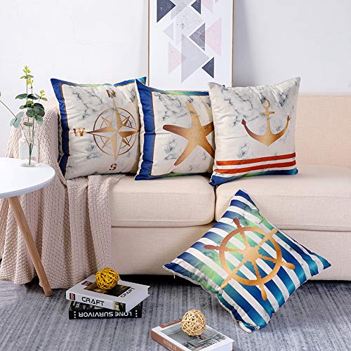 Artscope Funda de Cojín 45x45cm Set de 4,Funda de Almohada para Cojín Cuadrado Algodón Lino Decoración para Sofá Cama Hogar (Tema náutico mármol)
