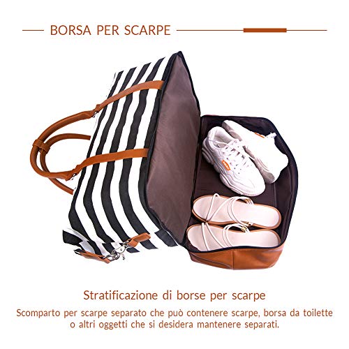 Arzopa Bolsas de Mano Viaje, Bolsa de Lona a Rayas con Correa de Cuero PU para Mujeres Bolso de Deporte para Fin de Semana y Noche (Rayas Gruesas en Blanco y Negro)