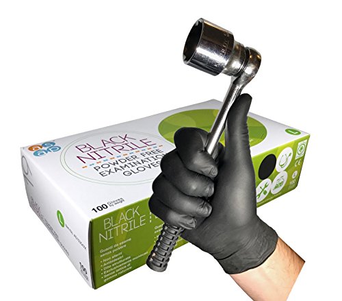 ASAP Premio Desechable Tarea Pesada Negro Guantes Nitrilo Sin Polvo - Caja de 100 - Tatuador Mecánico Médico (L)