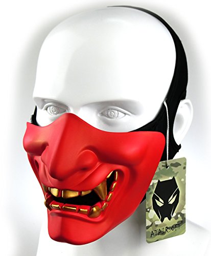 Atairsoft Máscara para disfraz de halloween, cosplay, BB, demonio, diablo, monstruo, kabuki, samurái, hannya, oni, máscara que cubre la mitad de la cara, para airsoft, películas, Rojo