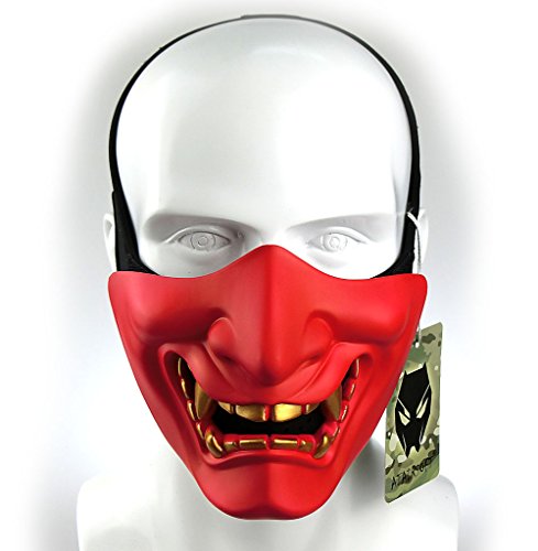 Atairsoft Máscara para disfraz de halloween, cosplay, BB, demonio, diablo, monstruo, kabuki, samurái, hannya, oni, máscara que cubre la mitad de la cara, para airsoft, películas, Rojo