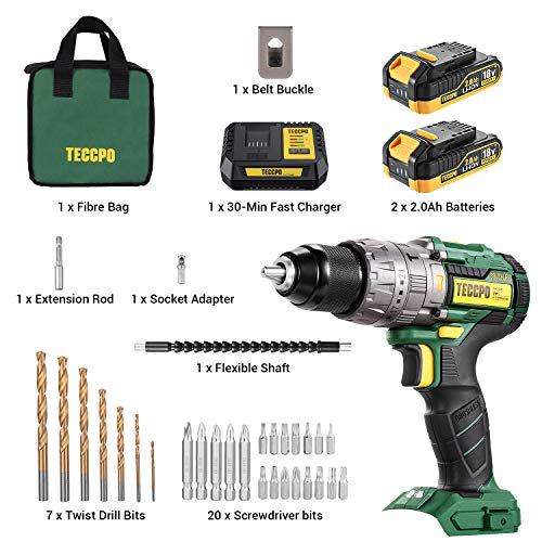Atornillador Bateria, TECCPO 60Nm Brushless Taladro Percutor a Batería 18V, 2×2.0Ah Baterías de Litio, 30min Cargador Rápido, 21+3 Ajustes Par, 35 Accesorios-TDHD02P