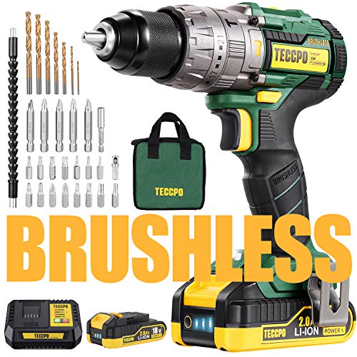 Atornillador Bateria, TECCPO 60Nm Brushless Taladro Percutor a Batería 18V, 2×2.0Ah Baterías de Litio, 30min Cargador Rápido, 21+3 Ajustes Par, 35 Accesorios-TDHD02P