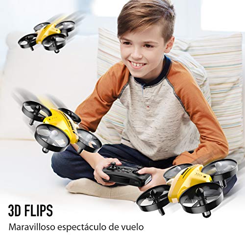 ATOYX Mini Drone, AT-66C RC Drone Niños 3D Flips, Modo sin Cabeza, Estabilización de Altitud, 3 Modos de Velocidad, 4 Canales 6-Ejes, 2 Baterías, Regalo para Niños y Principiantes (Amarillo)