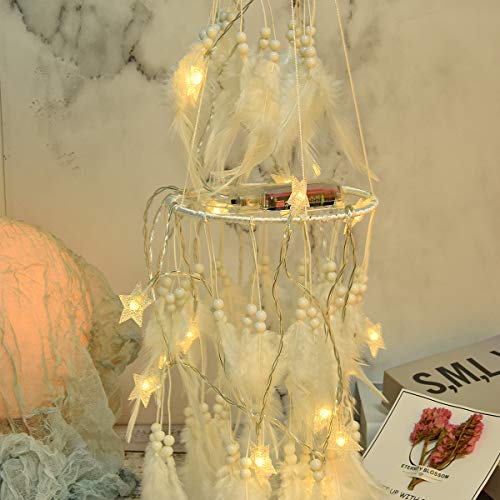 Atrapasueños, atrapasueños Redondos Hechos a Mano con Luces de Hadas LED en Movimiento para la decoración de la Boda, decoración de Fiesta Boho Chic, tapices de Dormitorio y Regalos para niñas