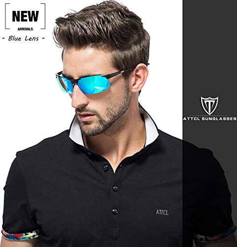 ATTCL Hombre Gafas De Sol Deportes Polarizado Súper Ligero Al-Mg Marco De Metal 8177 Black-BLUE