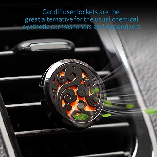 AUCOOMA 2 UNIDS Coche Aromaterapia Aceites Esenciales Difusor Ambientador 30mm Acero Inoxidable Negro Locket Vent Clip + 32 unids Almohadillas de Recarga(No Incluye aceites Esenciales)