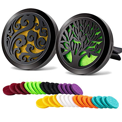 AUCOOMA 2 UNIDS Coche Aromaterapia Aceites Esenciales Difusor Ambientador 30mm Acero Inoxidable Negro Locket Vent Clip + 32 unids Almohadillas de Recarga(No Incluye aceites Esenciales)