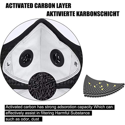 Auifor Protector Faciales para Deportes al Aire Libre, Reutilizable y Lavable visera con 1-24pc Carbón Activado Filtro Antipolvo Antivaho（l-negro，2 PC + 2 cojines + 4 válvula + 8 tiras nasales)