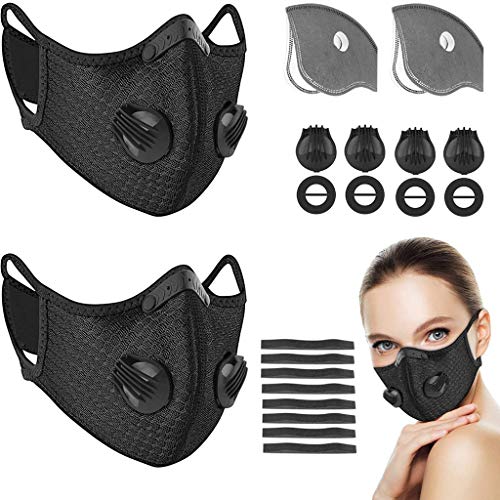 Auifor Protector Faciales para Deportes al Aire Libre, Reutilizable y Lavable visera con 1-24pc Carbón Activado Filtro Antipolvo Antivaho（l-negro，2 PC + 2 cojines + 4 válvula + 8 tiras nasales)