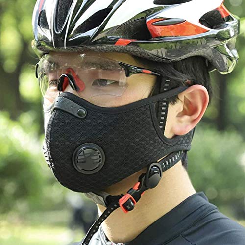 Auifor Protector Faciales para Deportes al Aire Libre, Reutilizable y Lavable visera con 1-24pc Carbón Activado Filtro Antipolvo Antivaho（l-negro，2 PC + 2 cojines + 4 válvula + 8 tiras nasales)
