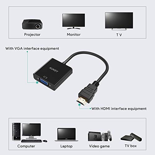 AUKEY Adaptador HDMI a VGA 1080P Convertidor de Vídeo para PC, TV, Ordenadores Portátiles y Otros Dispositivos HDMI - Negro (New)