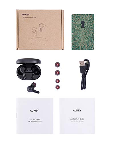 AUKEY Auriculares Inalámbricos Bluetooth 5 Graves Mejorados, Carga Rápida USB-C, Deportivos IPX5 Impermeable, Micrófono Incorporado, Control Táctil, Reproducción de 25 Horas