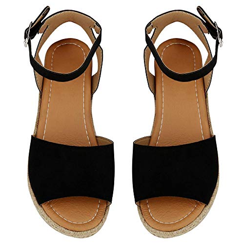 Auppy - Sandalias de cuña para mujer, plataforma de verano, puntera abierta, de piel sintética, hebilla de tobillo, color Negro, talla 37 EU