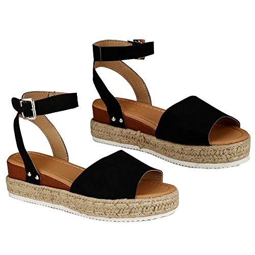 Auppy - Sandalias de cuña para mujer, plataforma de verano, puntera abierta, de piel sintética, hebilla de tobillo, color Negro, talla 37 EU