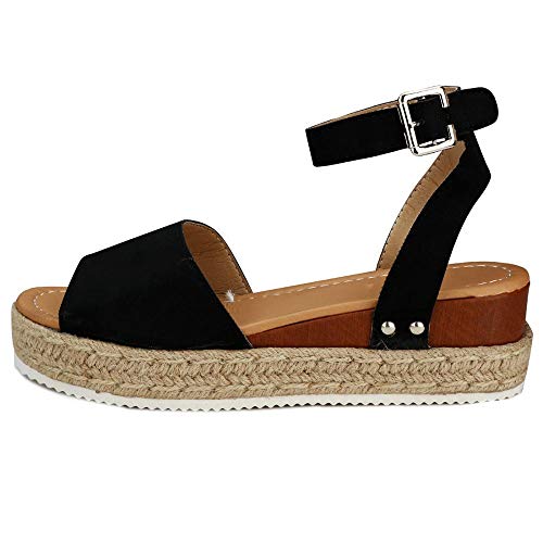 Auppy - Sandalias de cuña para mujer, plataforma de verano, puntera abierta, de piel sintética, hebilla de tobillo, color Negro, talla 37 EU