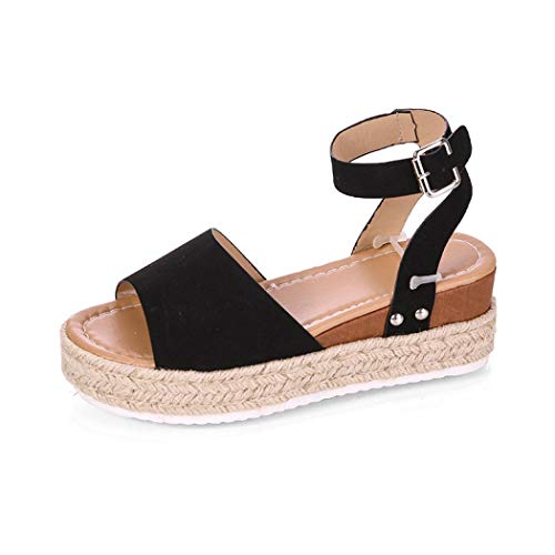 Auppy - Sandalias de cuña para mujer, plataforma de verano, puntera abierta, de piel sintética, hebilla de tobillo, color Negro, talla 37 EU