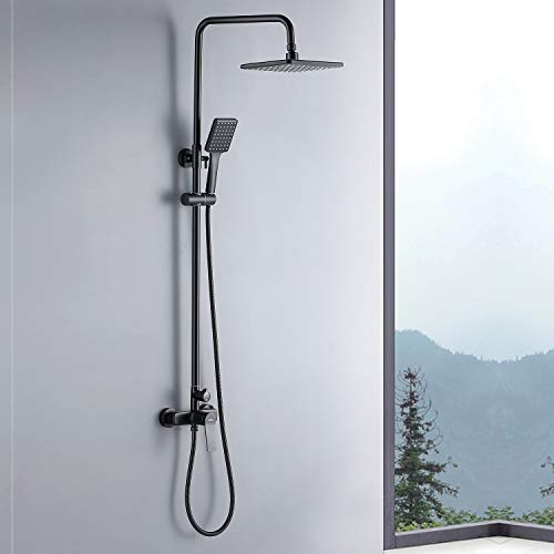 Auralum Columna De Ducha Negra Con Mezclador, Brazo De Ducha Giratorio, Regadera De Lluvia Rectangular De 190x260mm y Ducha De Mano, Juego De Ducha De Altura Ajustable, Latón