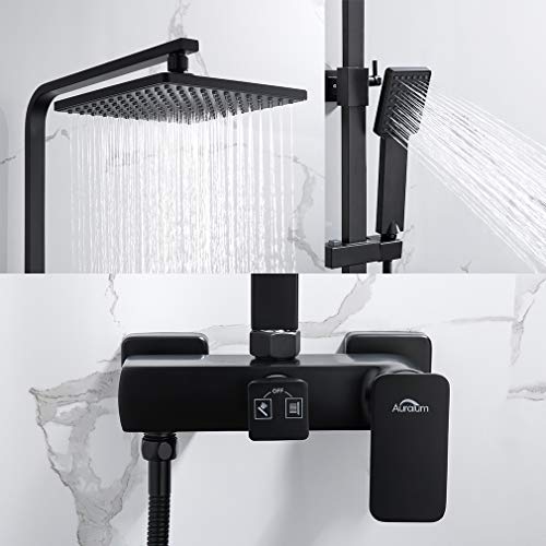 Auralum Mezclador de ducha 2 funciones para baño, sistema de ducha negro con ducha de lluvia 23x23 cm, incluye ducha de mano, ducha de lluvia, barra de ducha ajustable, montaje en pared
