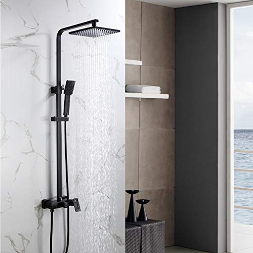 Auralum Mezclador de ducha 2 funciones para baño, sistema de ducha negro con ducha de lluvia 23x23 cm, incluye ducha de mano, ducha de lluvia, barra de ducha ajustable, montaje en pared